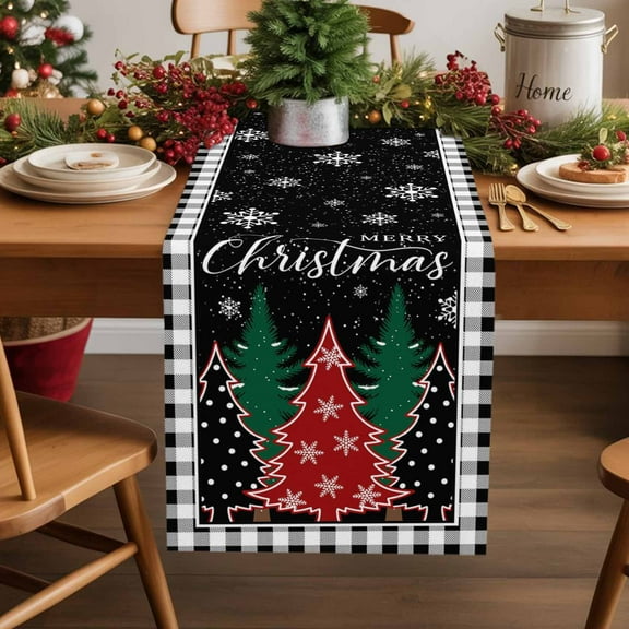 Merry Christmas Table Runner 13x108 Inch Christmas Tree Winter Snowflake Black Plaid Table Runners Dresser Scarves Winter Holiday Kitchen Dining Table Decoration for Home Party Indoor