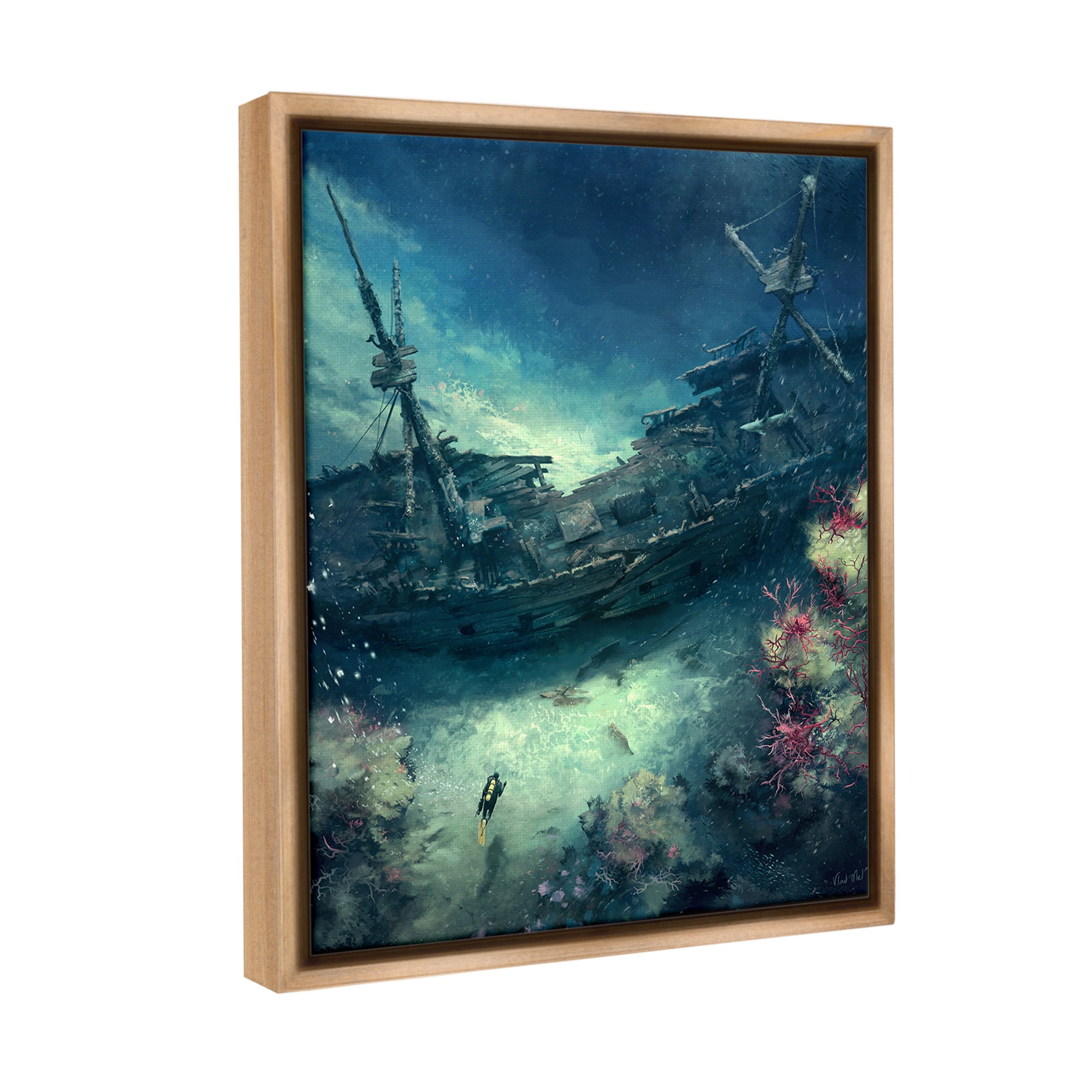 Stupell Industries Deep Sea Shipwreck Transportation Painting Brown Floater Framed Canvas Art Print Wall Art, 17 x 21