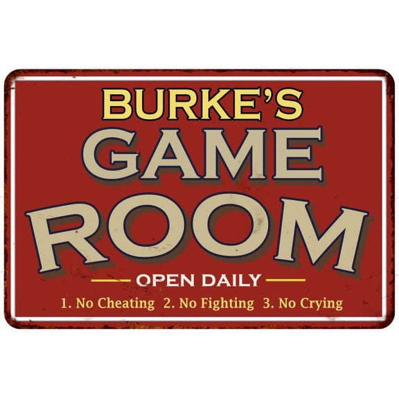 BURKE'S Game Room Sign Vintage Look 8 x 12 High Gloss Metal 208120001052