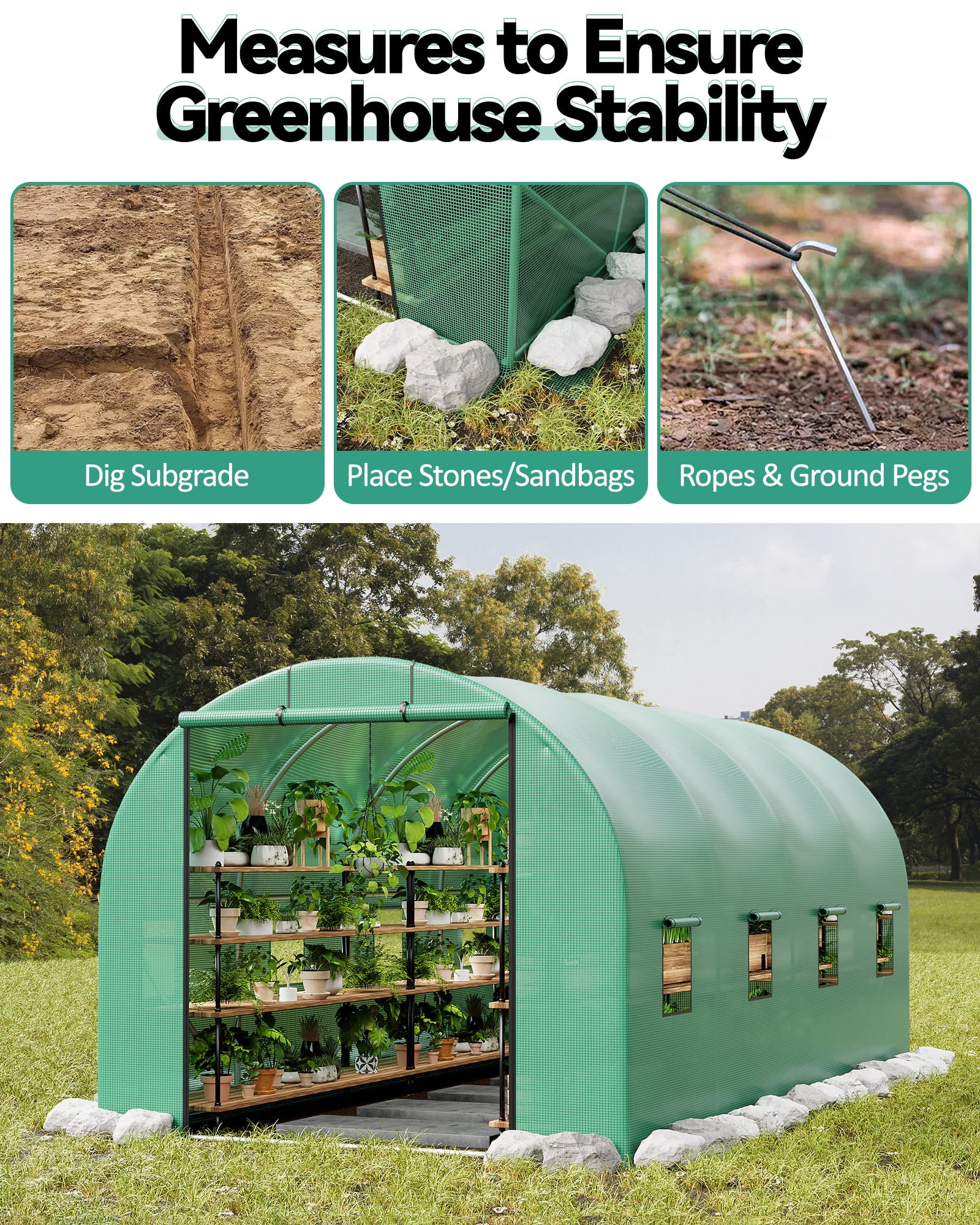 Accreate Walk-in Tunnel Greenhouse, 6.5 x 15 x 6.5 FT Large Outdoor Greenhouse with Door & Vent Windows, Heavy-Duty Frame and Green PE Cover for Backyard Gardening