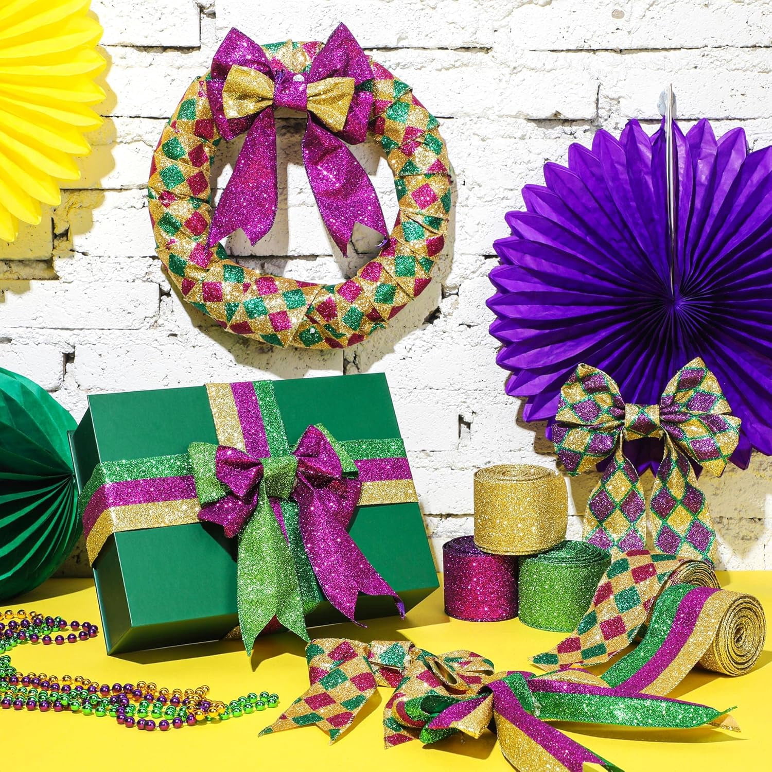 6 Rolls 30 Yards Mardi Gras Wired Edge Ribbon Purple Gold and Green Stripe Glitter Metallic Wrapping Ribbon for Mardi Gras Masquerade Party Decoration(Classic Pattern)