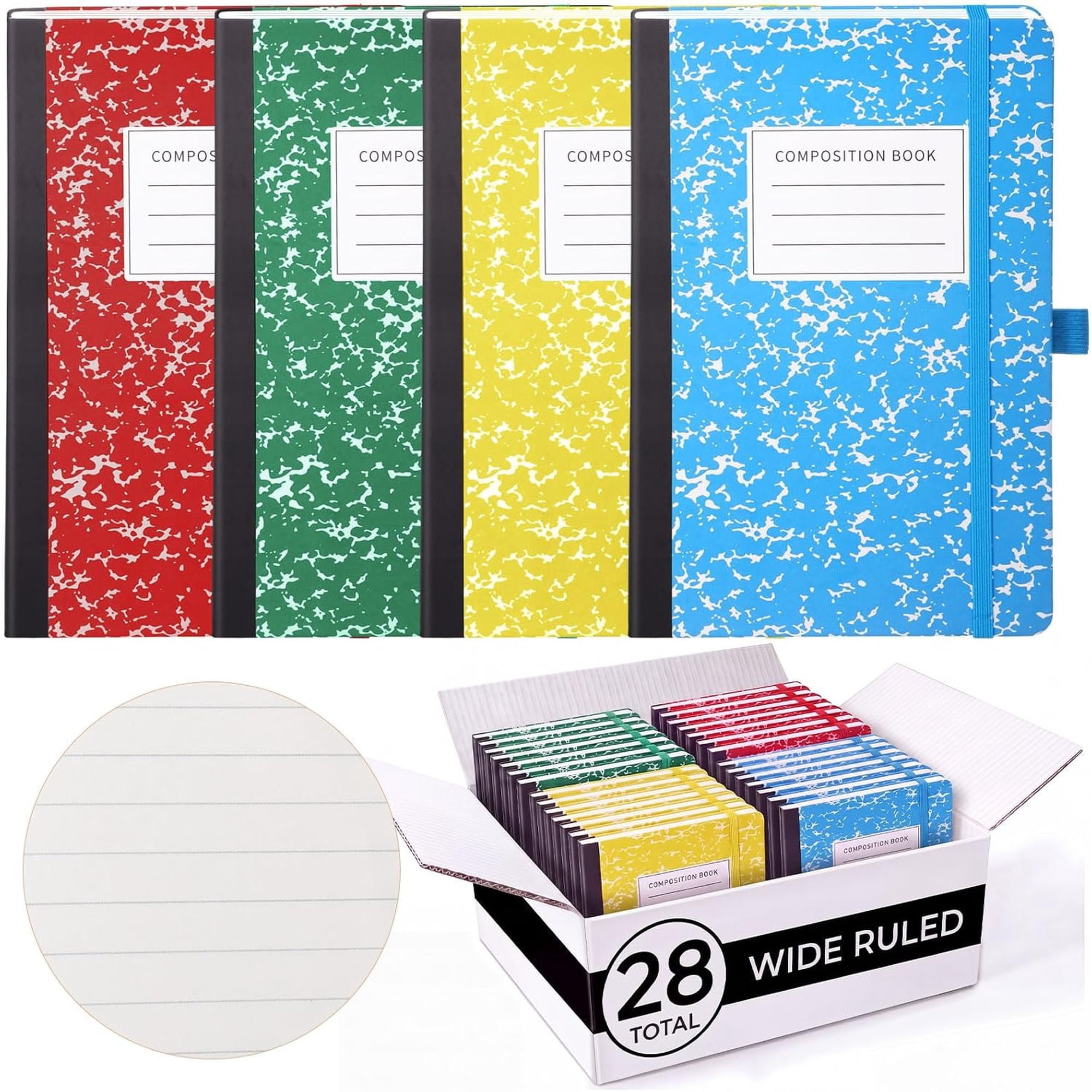 28Pack PU Leather Lined Notebook Journal Bulk A5 Hardcover Journaling Notebook Wide Ruled 5.5x8.2 Inch Journal with Pen Holder for School Business Work Writing(Red Green Blue Yellow Marble)
