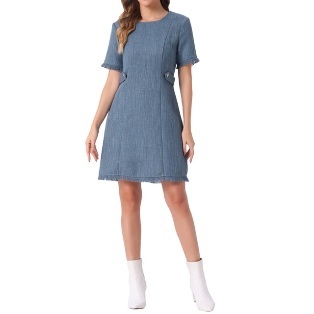 Vestido de Tweed para Mujer INSPIRE CHIC, Cuello Redondo, Mangas Cortas, Elegante, Largo hasta la Rodilla, Talla M, Azul
