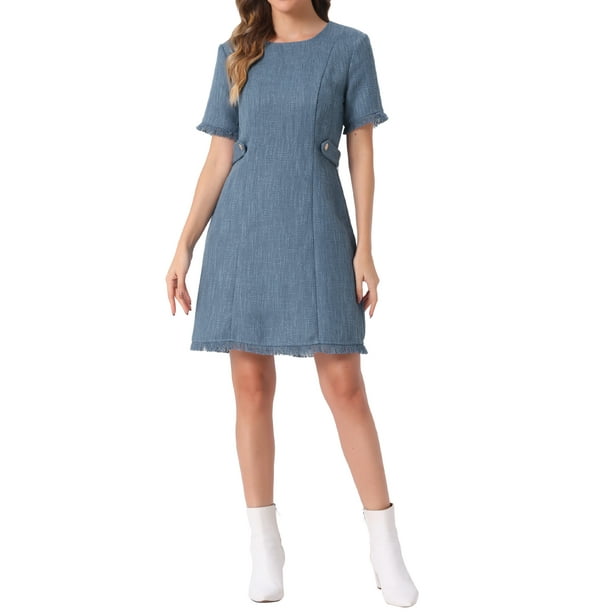 Vestido de Tweed para Mujer INSPIRE CHIC, Cuello Redondo, Mangas Cortas, Elegante, Largo hasta la Rodilla, Talla M, Azul