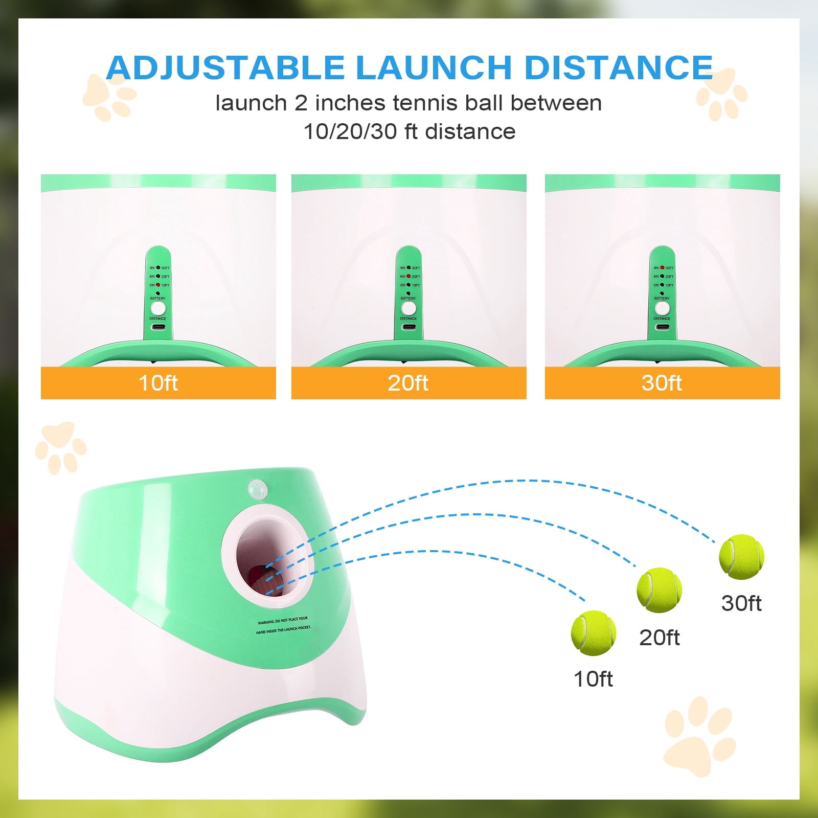 Automatic Dog Ball Launcher for Small Dogs, Indoor/Outdoor Interactive Dog Toy,USB Rechargeable Ball Thrower,10-30 Ft,Includes 15 Mini Tennis Balls,Green