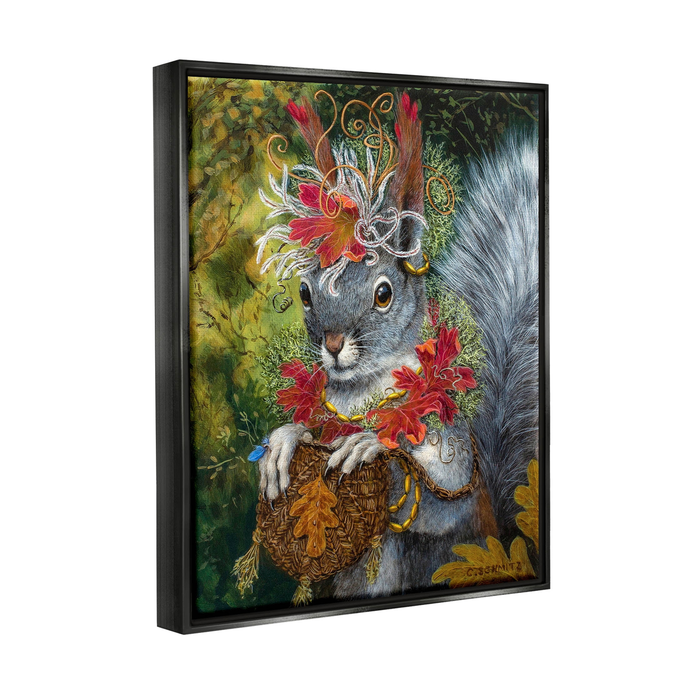 Stupell Industries Wildlife Botanical Squirrel Painting Jet Black Floating Framed Canvas Print Wall Art, Design by Carolyn Schmitz