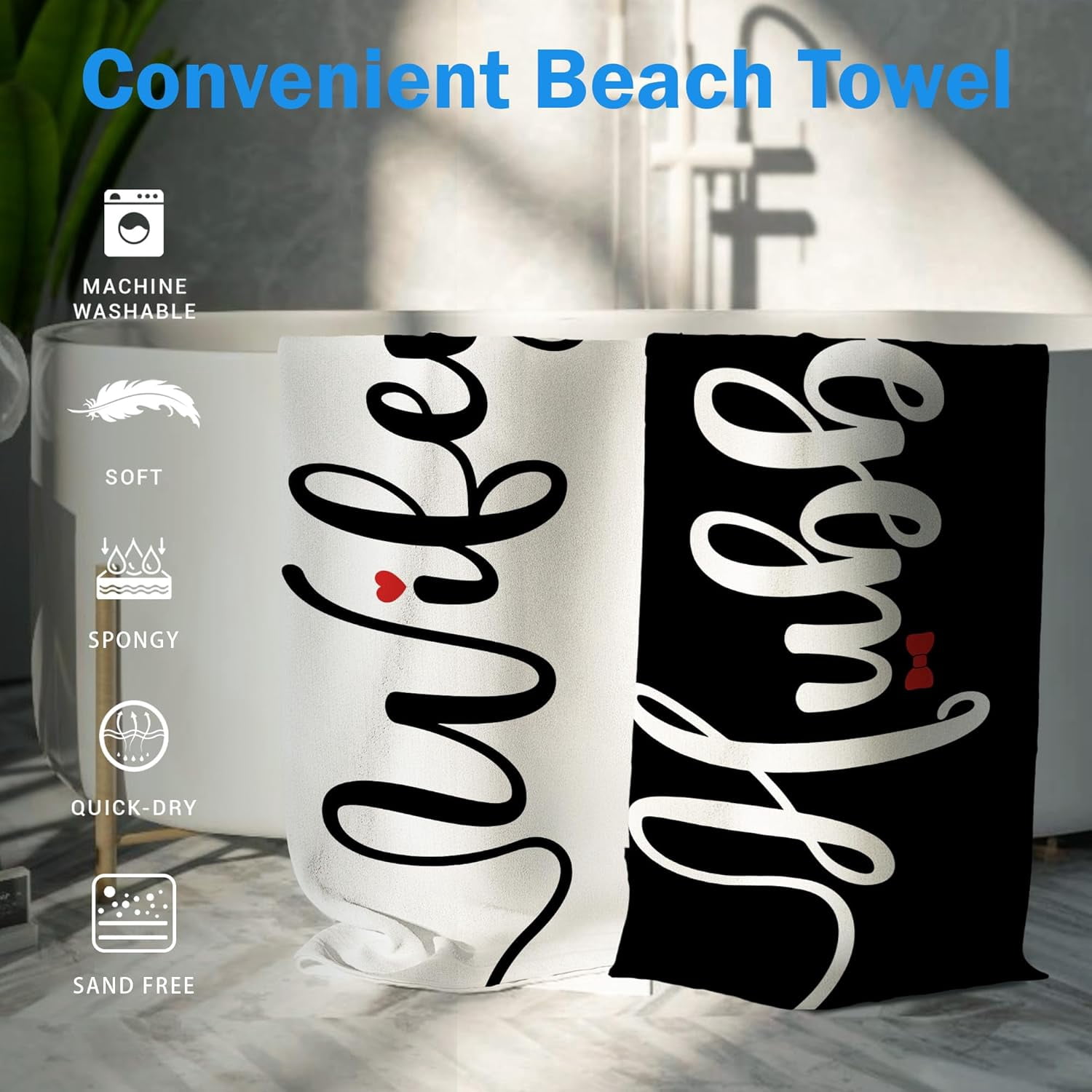 Couple Wifey Hubby Beach Towel Set of 2, Honeymoon Wedding Beach Towels Gifts for Bride Groom Valentines Him Her, Black and White Beach Towels Oversized Decor for Bathroom 30x60in