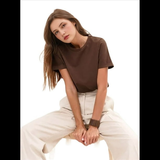 Camisetas de Corta Extragrandes para Mujer, Cuello Redondo, Holgadas, para Hacer Ejercicio, Informales, de Verano, de Algodón, Color Café, Talla XXL