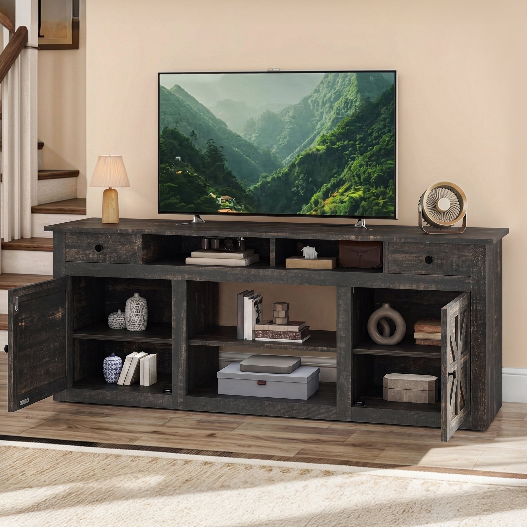 Uforic 70 Inch Dark Rustic Oak Farmhouse TV Stand, Entertainment Center with Power Outlet, Suitable for TVs Up to 80 Inches, TV Console with Storage Drawer and Adjustable Partition