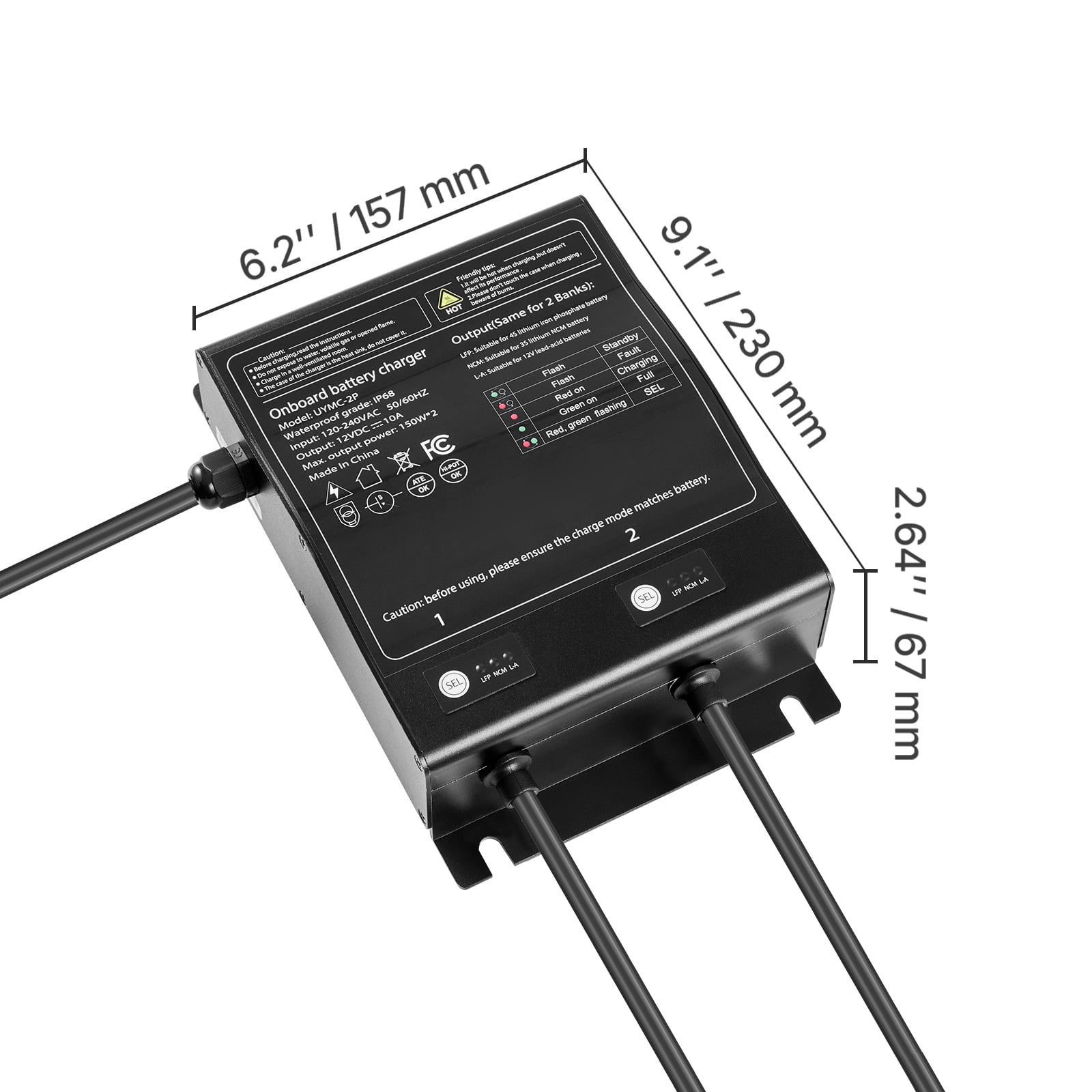KFFKFF Marine Battery Charger, 2-Bank, 10A 12V Onboard Charger, IP68 Waterproof Smart Battery Charger, Compatible with Lithium-Ion (LiFePO4), NCM, Lead-Acid Batteries, Suitable for Boats, Yachts