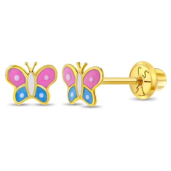 14k Yellow Gold Little Girl's Multicolor Enamel Butterfly Screw Back Earrings