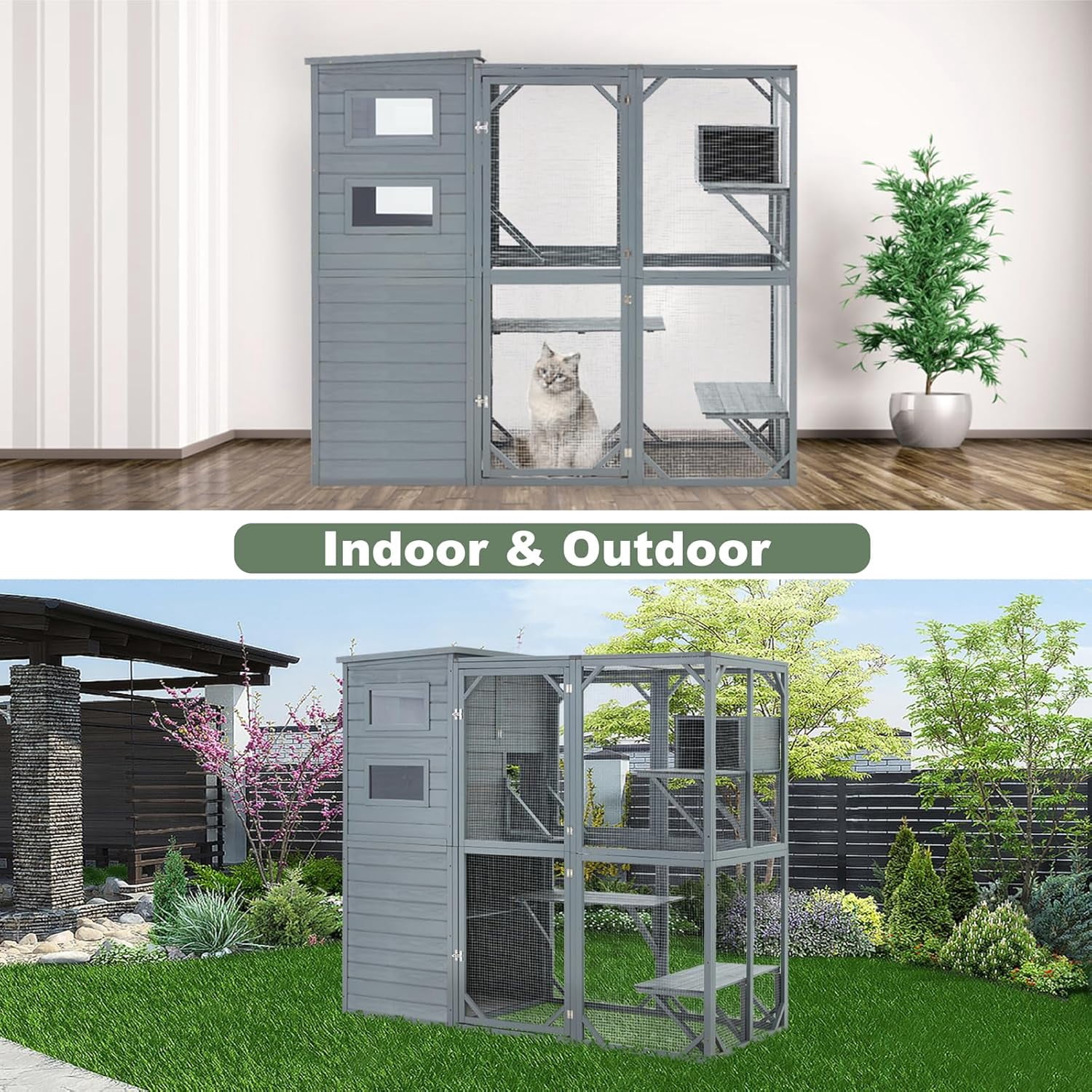 Erinnyees Large 4-Tier Cat Enclosure, Outdoor Catio & Indoor Cat House with Weatherproof Roof for Multiple Cats, 4 Rooms, 70"Hx32"Wx77"L, Gray Green