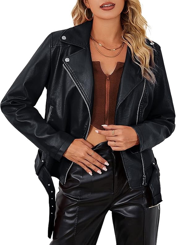 Giolshon Women Faux Leather Motorcycle Jacket Fall Clothes Winter Trendy Moto Biker Coat 7906 Black XL