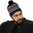 thumbnail image 2 of Sportsman Unisex 12" Striped Pom-Pom Cuffed Beanie Hat Fleece Lined for Cold Weather, Black/ White/ Grey/ Red, 2 of 3