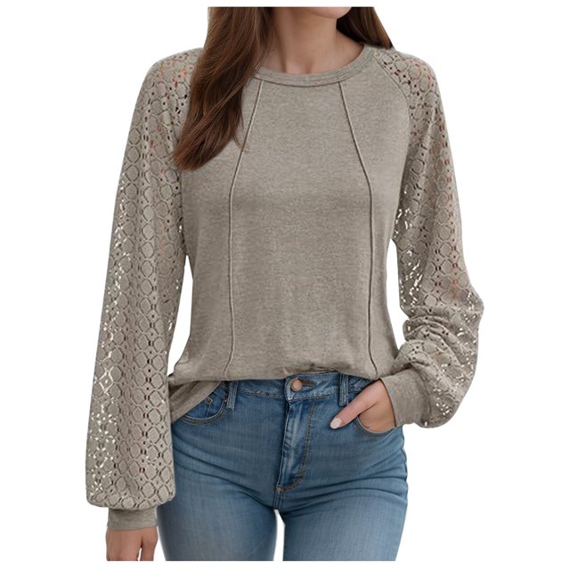 NINGMENG Womens Tops Solid Color Lace Long Sleeve Crew Neck Pleated Tops Pullover T Shirts Holiday Wear,Beige,S