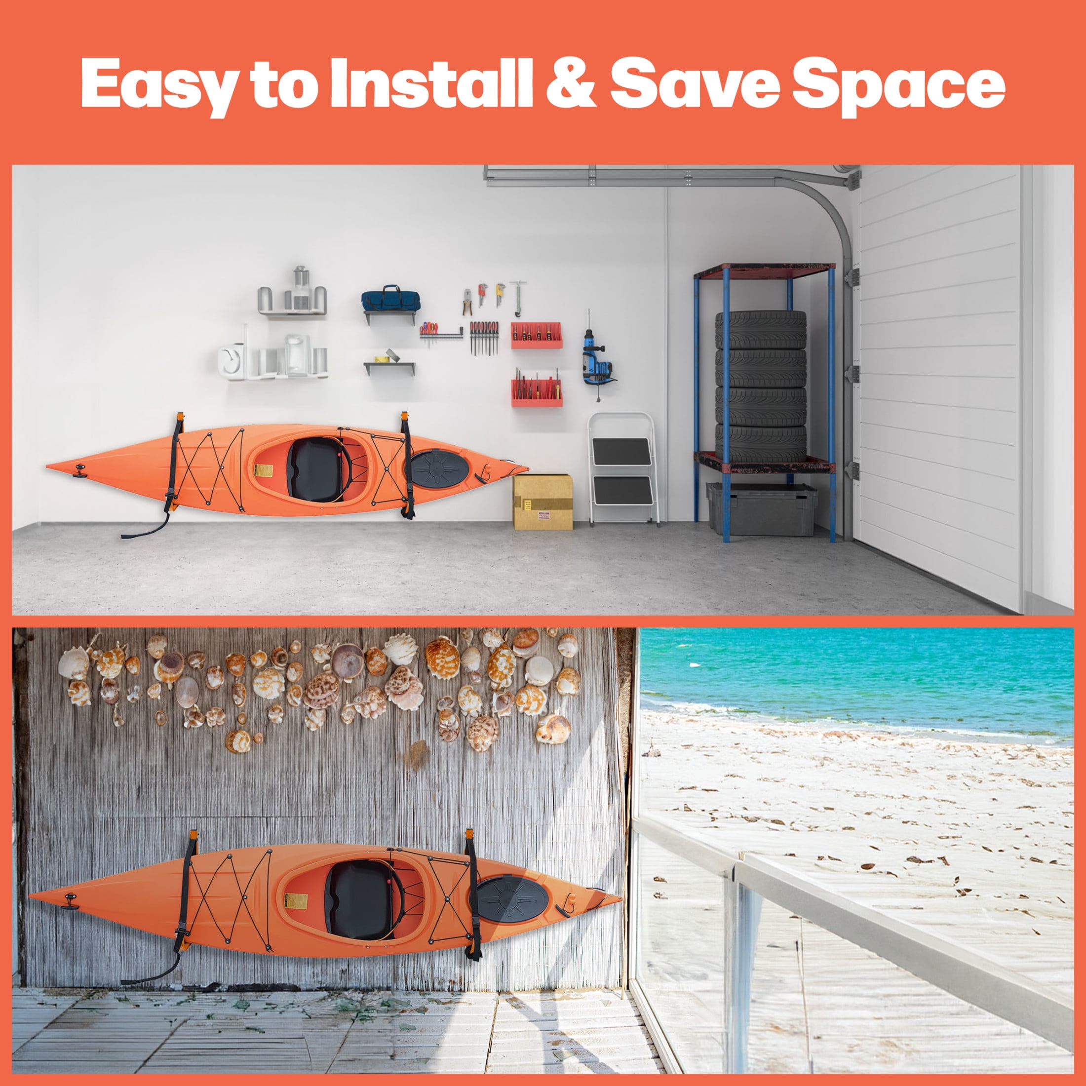 Rad Sportz Set of 2 Wall Mounted Kayak Hangers with 125lb Capacity (Orange)