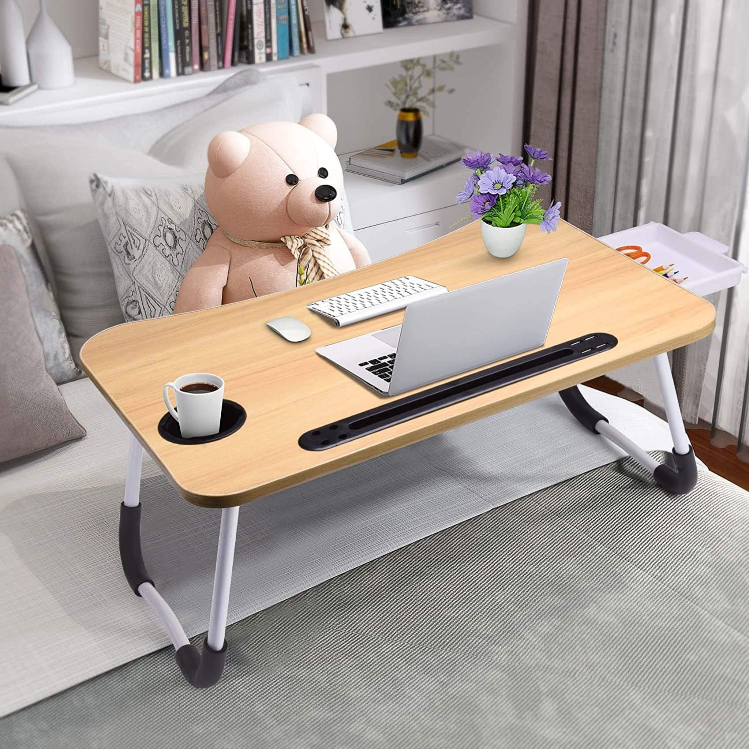 Lap Desk with Tablet Slot, Foldable Laptop Table with Storage Drawer for Bed，Portable Bed Desk for Laptop, Computer Tray with Cup Holder Notebook Stand Reading Holder for Couch Floor, Walnut