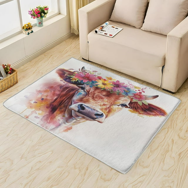 Cow Area Rug 5x7, Cartoon Cow Rugs for Bedroom, Farm Animal Carpet, Living Room Rugs Decorations, Stain Resistant Soft Low Pile Machine Washable Rug 17&-18