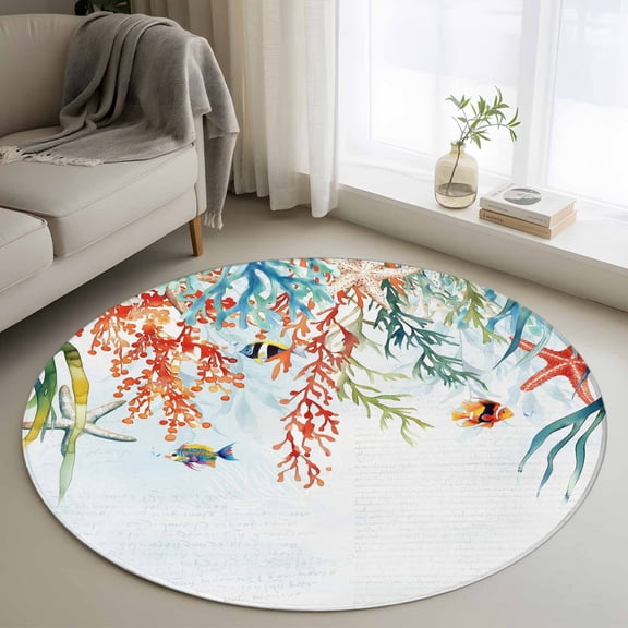 Coastal Coral Round Rug 3ft Washable Circle Entryway Rugs Non Slip Summer Beach Ocean Starfish Seagrass Area Rug Indoor Floor Carpet for Bedroom Kitchen Living Room Home Office Dining Room Nursery