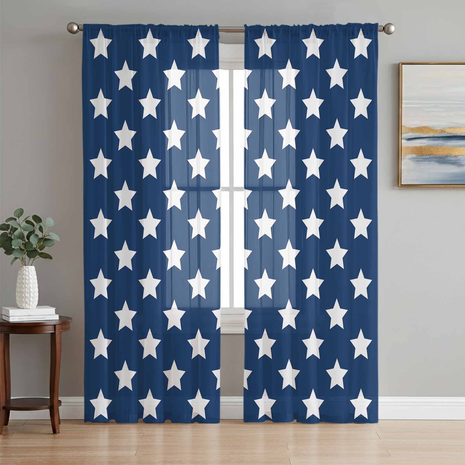 4th of July Semi Sheer Curtains 108 Inch Length 2 Panels Set Independence Day Patriotic White Star Blue Sheer Kitchen Curtain Privacy Voile Window Curtain for Living Room Bedroom Rod Pocket Drapes