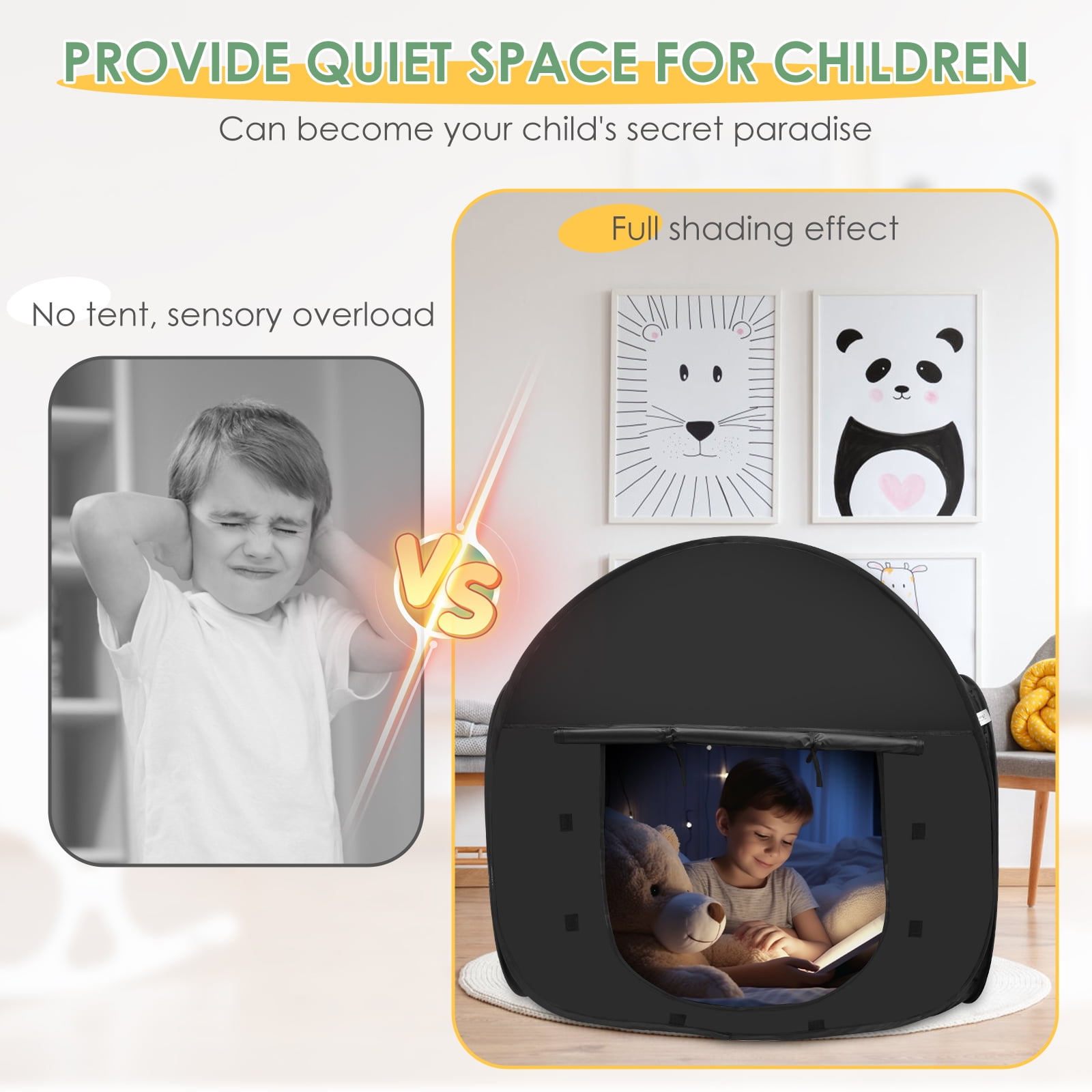 AEVXKHI Pop Up Blackout Calming Tent with 2 Windows, Easy to Set Up, Foldable Calm Down Black Tent, Comfortable Accommodate 1 to 2 People Calm Corner Tent for Kids