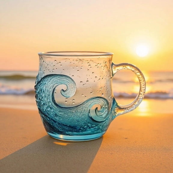 Sea Glass Wave Mug 12 oz, Handcrafted Textured Glass Coffee Cup, Beach And Surf Lover Themed Mug For Tea And Coffee, Unique Artistic Drinkware