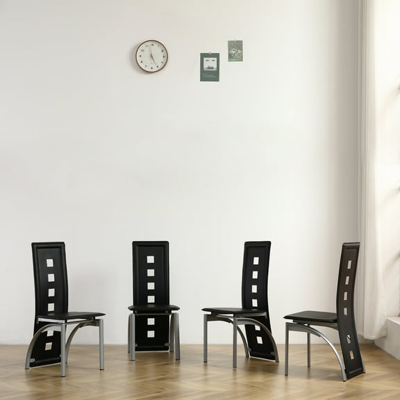 4PCS Dining Chairs, PU Leather Armress Single Chair with Square Hollow Decoration Long Backrest, Modern Set of 2 Dining Chair with Electroplating Legs for Living Room Dining Room, Black