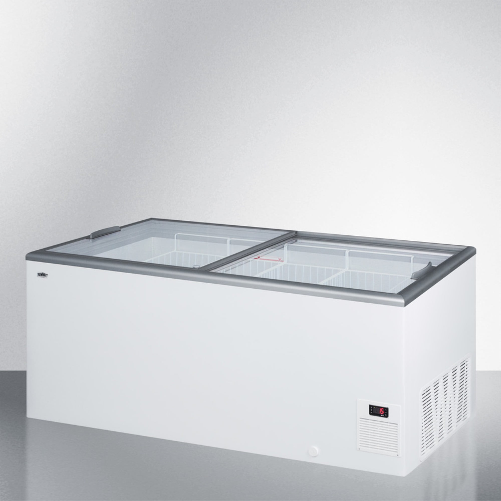 Flat top commercial ice cream freezer with sliding glass lid, digital thermostat, and novelty baskets