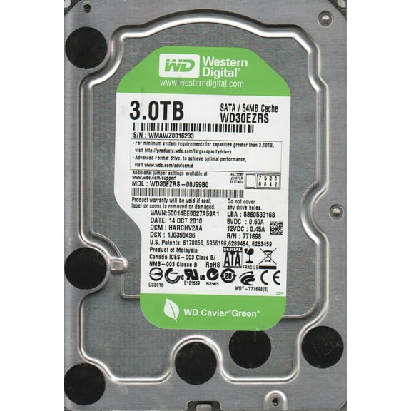 WD30EZRS-00J99B0, DCM HARCHV2AA, Western Digital 3TB SATA 3.5 Hard Drive