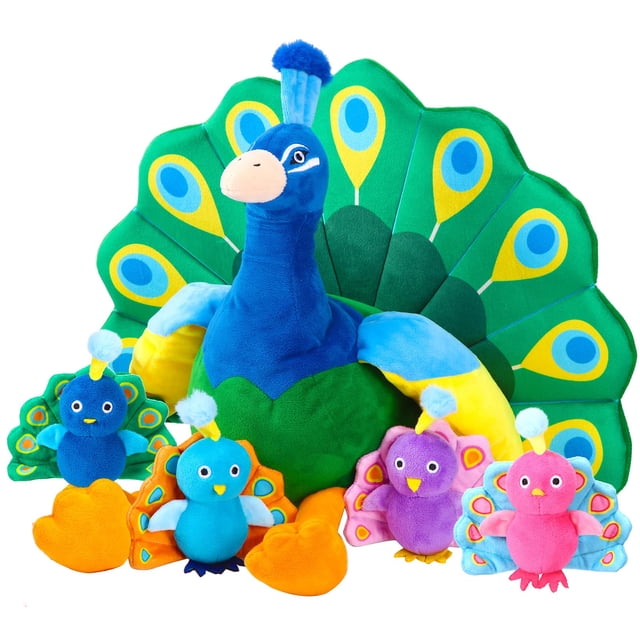 Pavo real de peluche Skylety con 4 pavos reales pequeños
