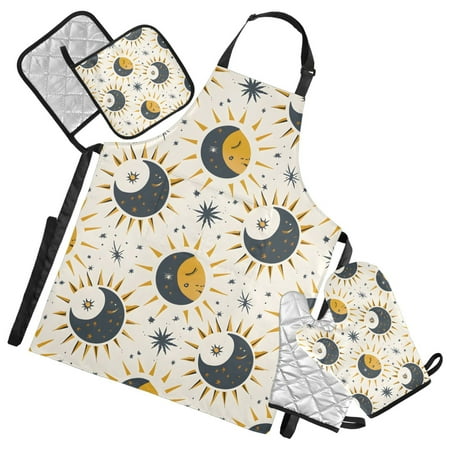 Cute Moon and Stars 5 Pcs Kitchen Set Heat Resistant Oven Mitts and Non-Slip Pot Holders with Adjustable Cooking Apron