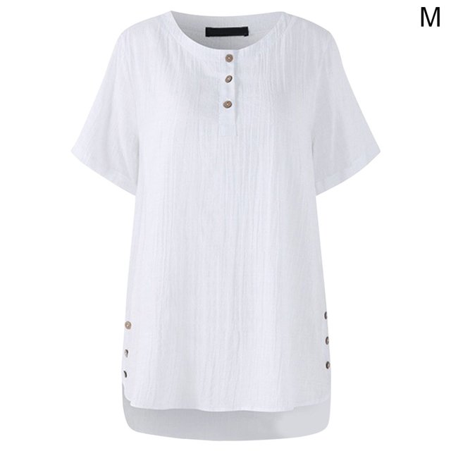 Camiseta a cuadros Mujer Botón de verano Blusa de manga corta Top suelto, Blanco, M kenally AP001353-02