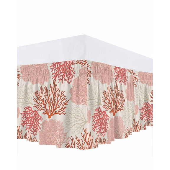 Coastal Ocean Coral Bed Skirt Queen Size 16 Inch Drop, Red Pink Theme Pattern Wrap Around Dust Ruffle Bedskirts, Wrinkle & Fade Resistant Easy Fit Bedskirt with Adjustable Elastic