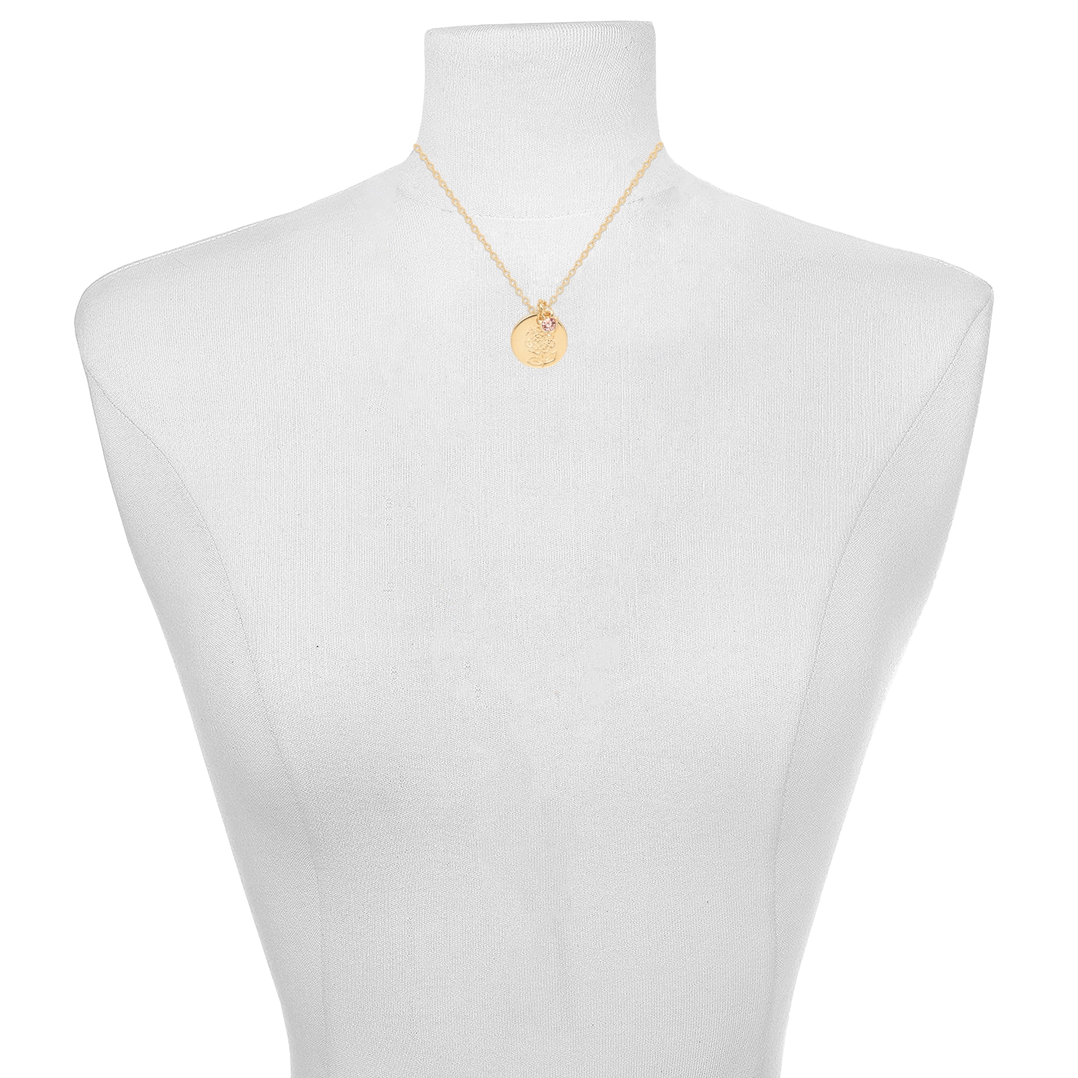 Time and Tru Women’s October Birthstone Necklace, Gold Tone Chain with Light Rose Stone & Marigold Flower