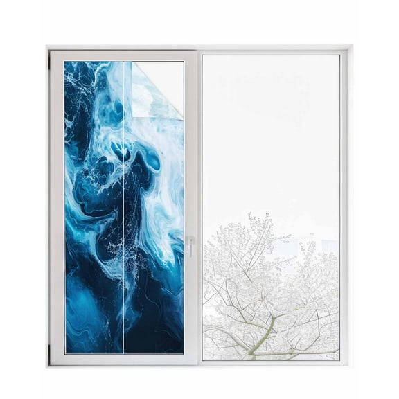 Window Privacy Film Blue Ocean Stained Glass Window Film Decorative Sun Block Window Cover White Seawater Coastal Nature Art Window Clings Static Adhesive Sticker for Bathroom 23.6"x59"