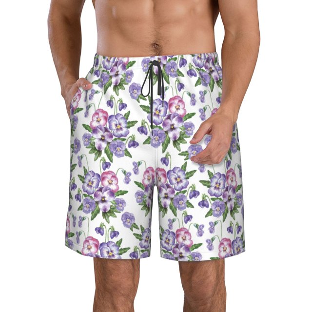 Balery Violets Flowers Traje de Baño Estilo Hawaiano para Hombre, Shorts de Secado Rápido con Bolsillos-Medium