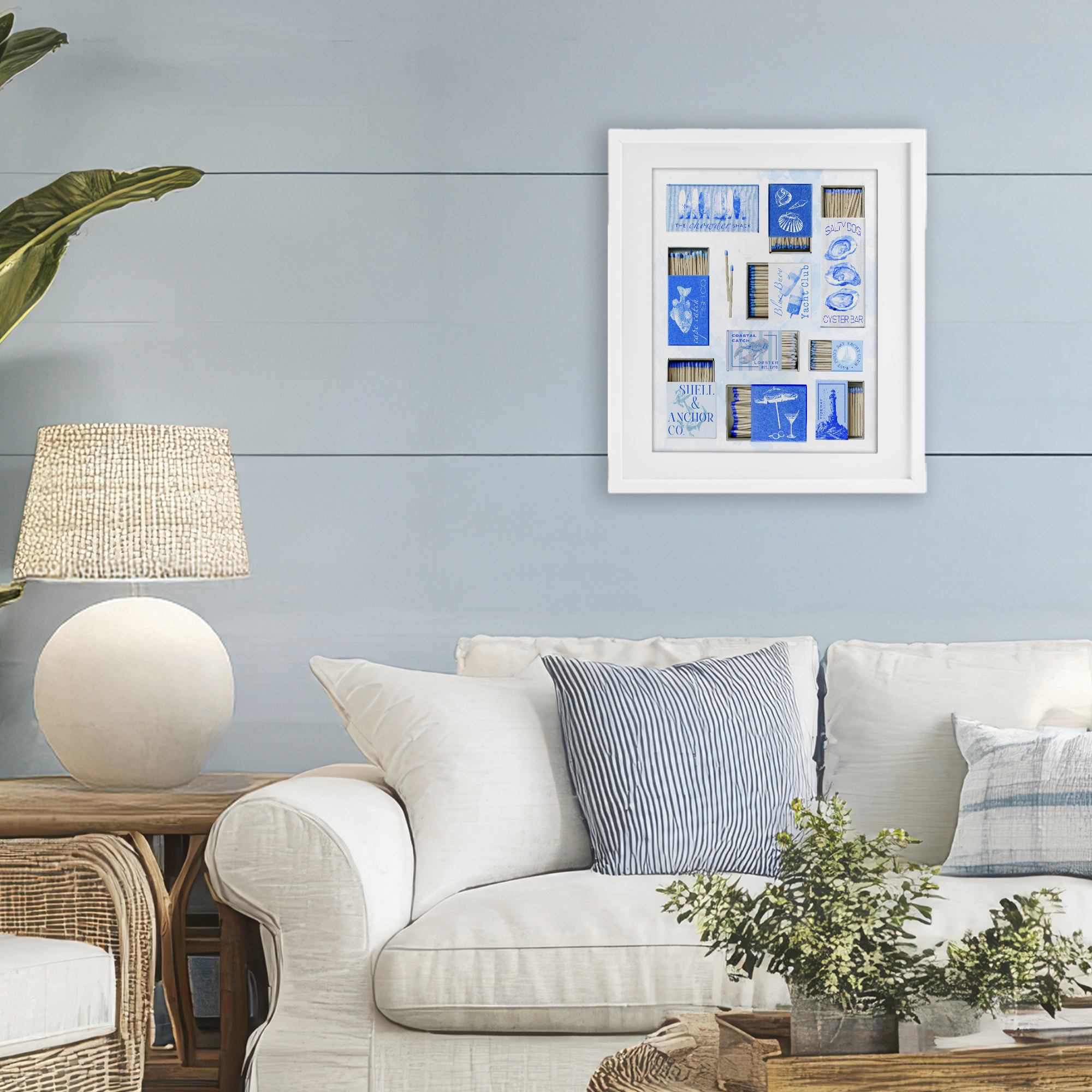 Blue Coastal Matchboxes White Framed Print Under Glass, design by Ziwei Li