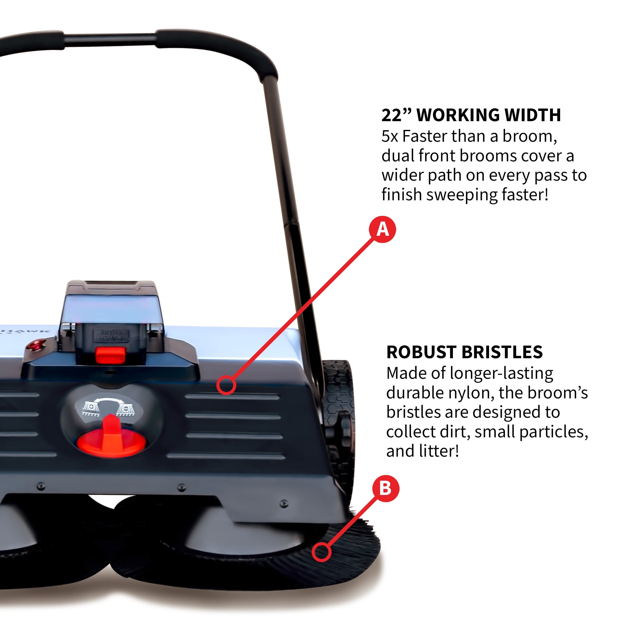 Tomahawk Power 22" Push Sweeper with Double Brush System and 18V Lithium-Ion