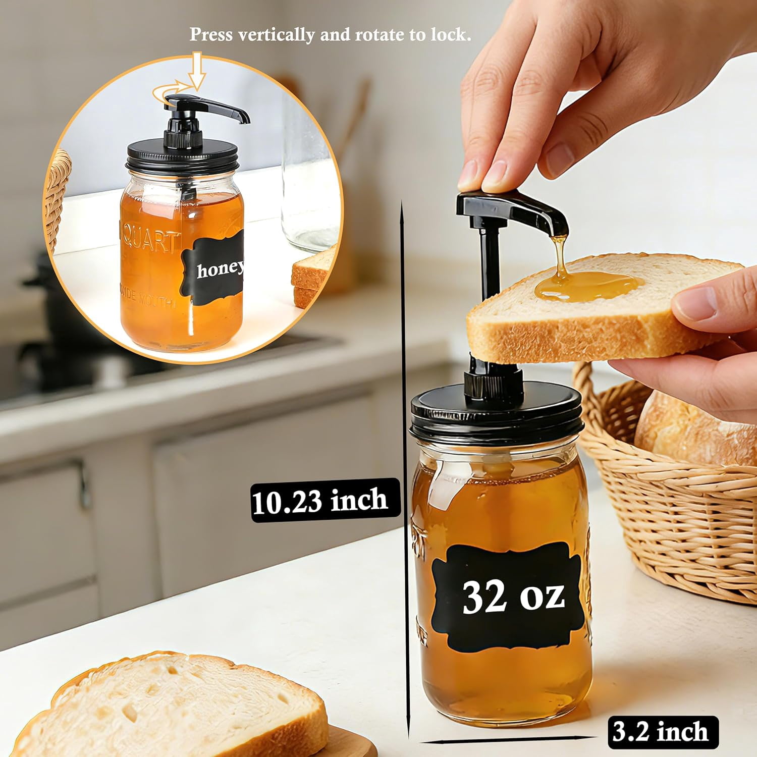 32 oz Mason Syrup Sauce Honey Dispenser Pump Bottle 1 Quart Wide Mouth Glass Coffee Condiment Ketchup Container For mayo, maple syrup, mustard, salad dressing Food Grade Airtight & Leak-Proof