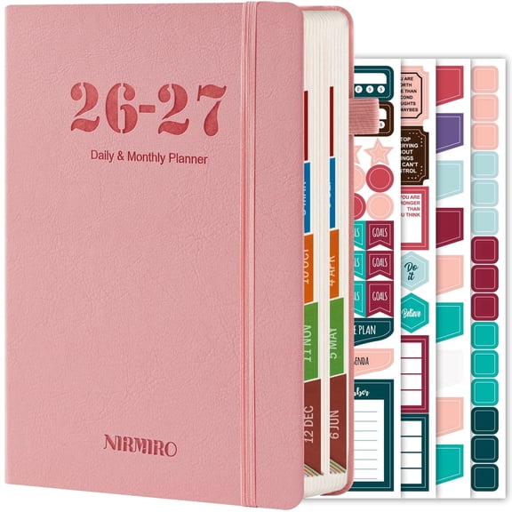 NIRMIRO 2026-2027 Academic Planner, (Jul.2026-Jun.2027) Leather Cover Daily & Monthly Planner with 12 Tabs, 5.6"x8.3", Hourly Schedules & 4 Stickers, for Students & Teachers