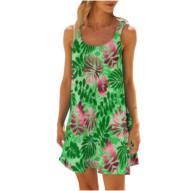 Vestido sin Mangas para las Mujeres Casual Impreso Cuello Redondo Suelto de Rodilla, Verano Vestido de Primavera para el Día Y el Trabajo