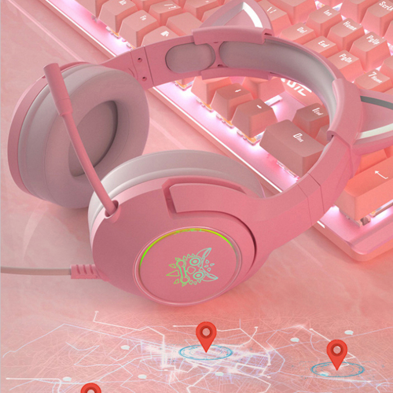 Datingday Pink Cat Ear Girl Gaming Headset With Microphone ENC Noise
