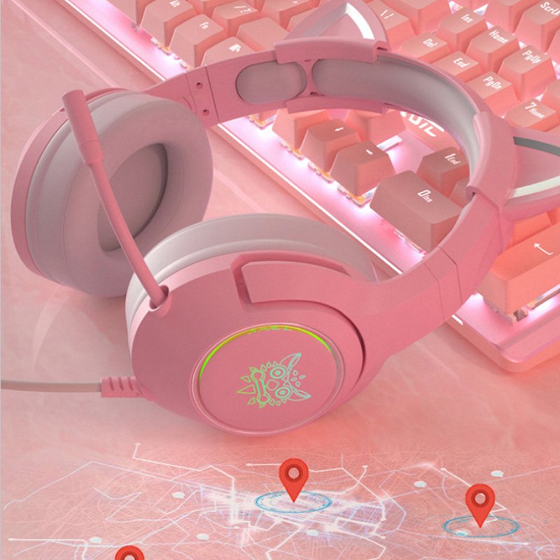 Datingday Pink Cat Ear Girl Gaming Headset With Microphone ENC Noise