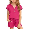 thumbnail image 2 of Mifsaly Girls 2 Piece Lounge Set Short Sleeve Button Down Henley Tops and Drawstring Shorts Outfits with Pockets Kids Summer Casual Solid Color Activewear Sweatsuit, 2 of 9