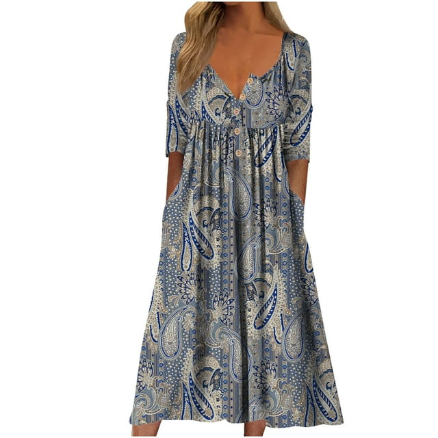 Robes Grande Taille pour Femmes Robe d'Été Décontractée à Manches Courtes Imprimée Col Rond Robe à la Cheville Robe à Manches Courtes en Liquidation