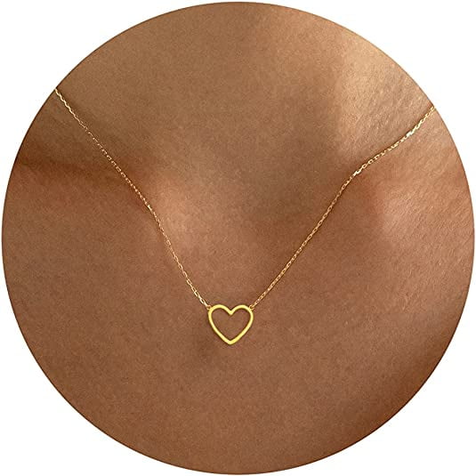 Jinsinto Cute Heart Necklace Tiny 14k Gold Heart Pendant Choker Necklaces Small Gold Love Open Heart Chain Necklace for Women Dainty Gold Necklace