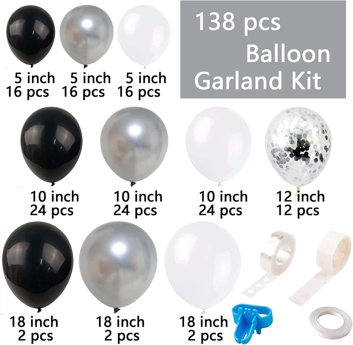 KIRIKOU 138pcs Black Silver and White Balloon Garland Arch Kit 18" 12" 10" 5" Chrome Metallic Confetti Pastel Latex Balloons for Birthday Wedding Baby Shower Party Decors