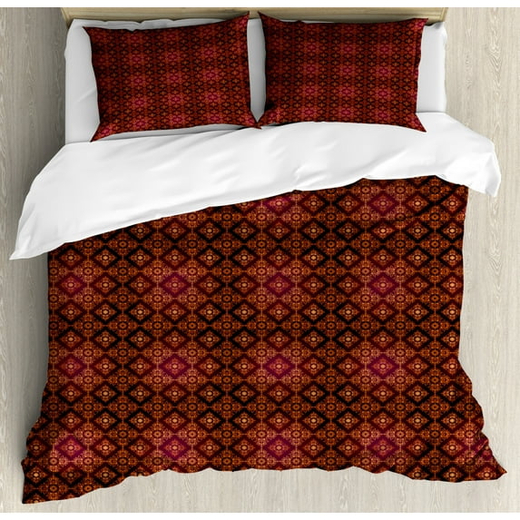 Damask Duvet Cover Set Queen Size, Abstract Floral Pattern with Medieval Design Ornamental Victorian Image, Decorative 3 Piece Bedding Set with 2 Pillow Shams, Orange Magenta Black, by Ambesonne