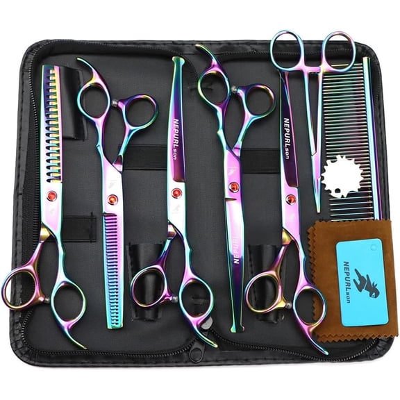 7.0" Dog  Pet Grooming Kit Round-tip Safety  Fishbone Teeth Shears with Forceps Hairdressing Hair Styling Tool Gift Set 5 Pieces (Multicolor)