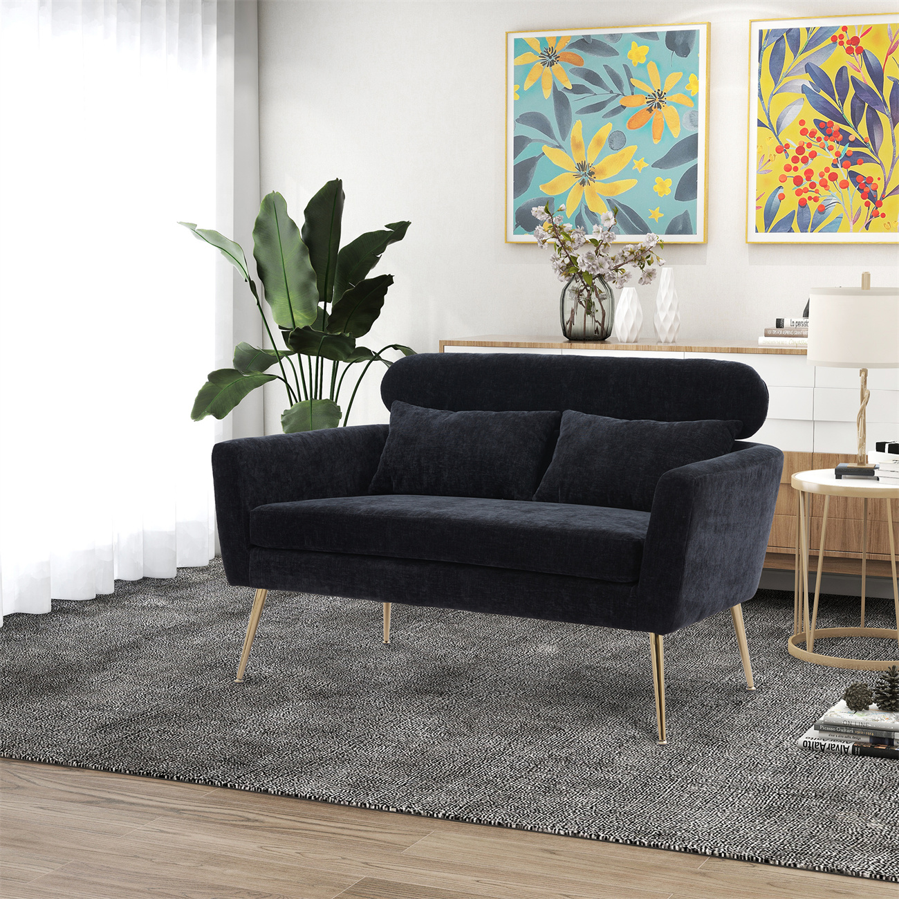 51"W Modern Chenille Loveseat, TwoSeater Small Sofa with 2 Throw Pillows and Gold Metal Legs